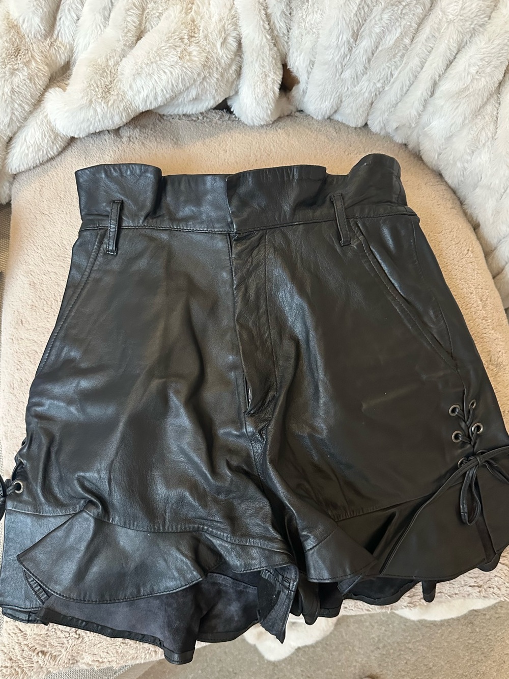 Marissa Webb Black Leather Ruffle-Hem Shorts with Lace-Up Detail